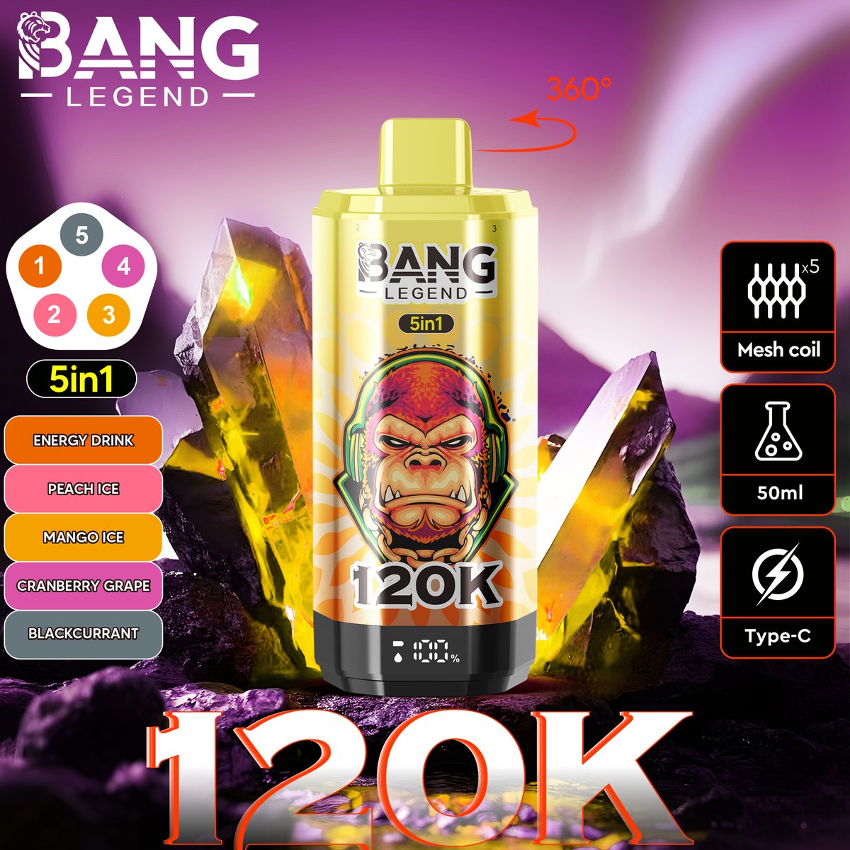 Bang Legend 120K 5-in-1 Disposable Vape flavour: Energy Drink / Peach Ice / Mango Ice / Cranberry Grape / Blackcurrant