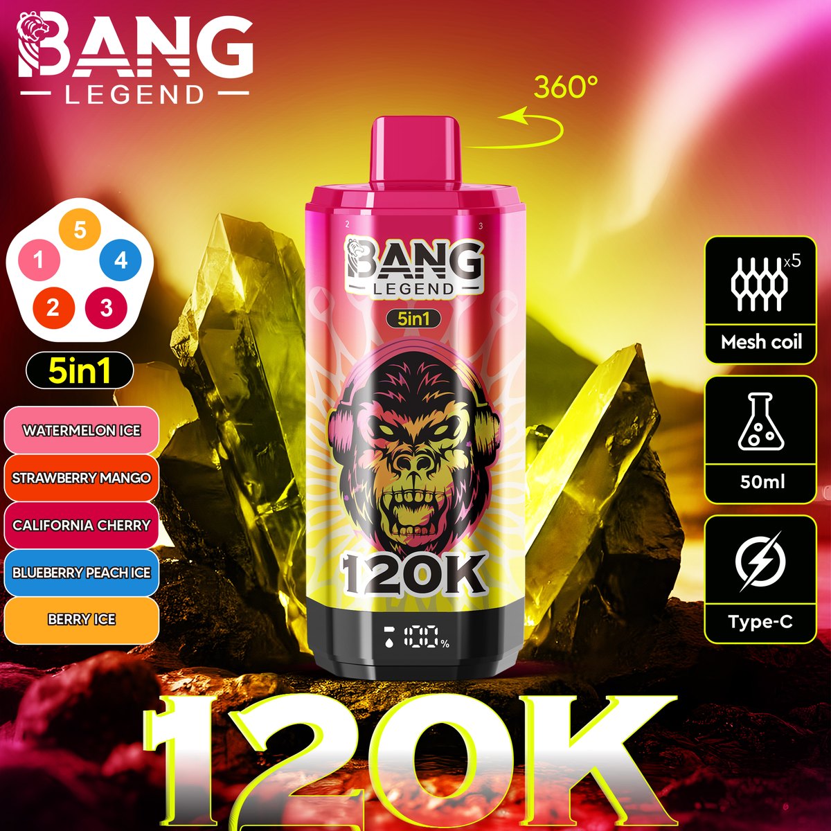 Bang Legend 120K 5-in-1 Disposable Vape flavour: Watermelon Ice / Strawberry Mango / California Cherry / Blueberry Peach Ice / Berry Ice