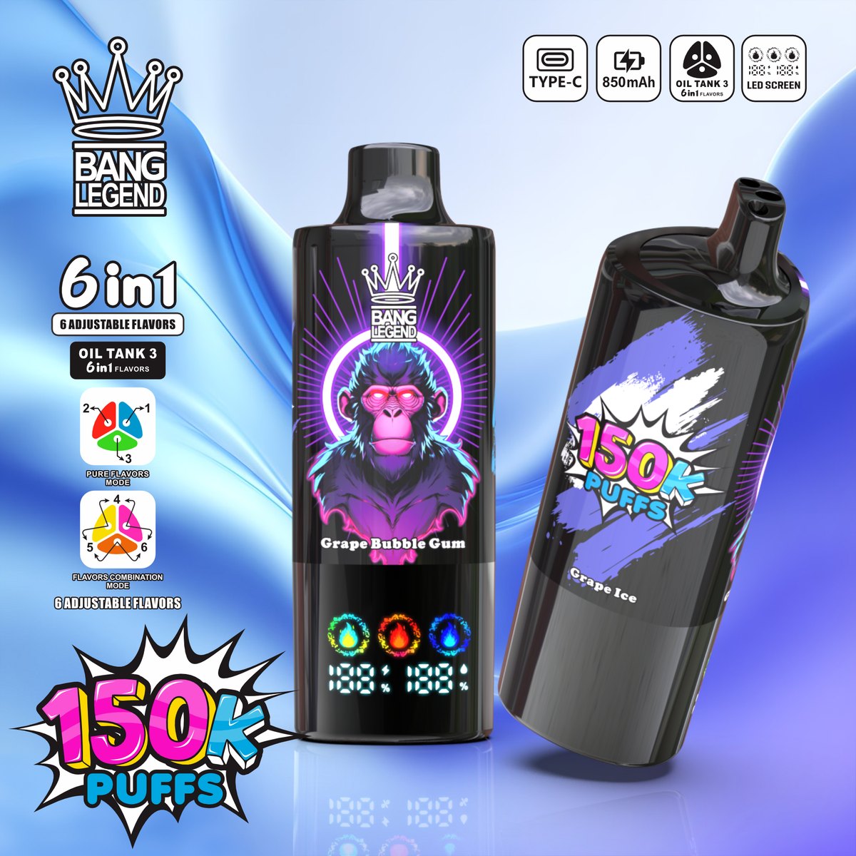 Bang Legend 150K 6-in-1 Disposable Vape flavour: Grape Ice / Grape Bubble Gum / Raspberry Grapes