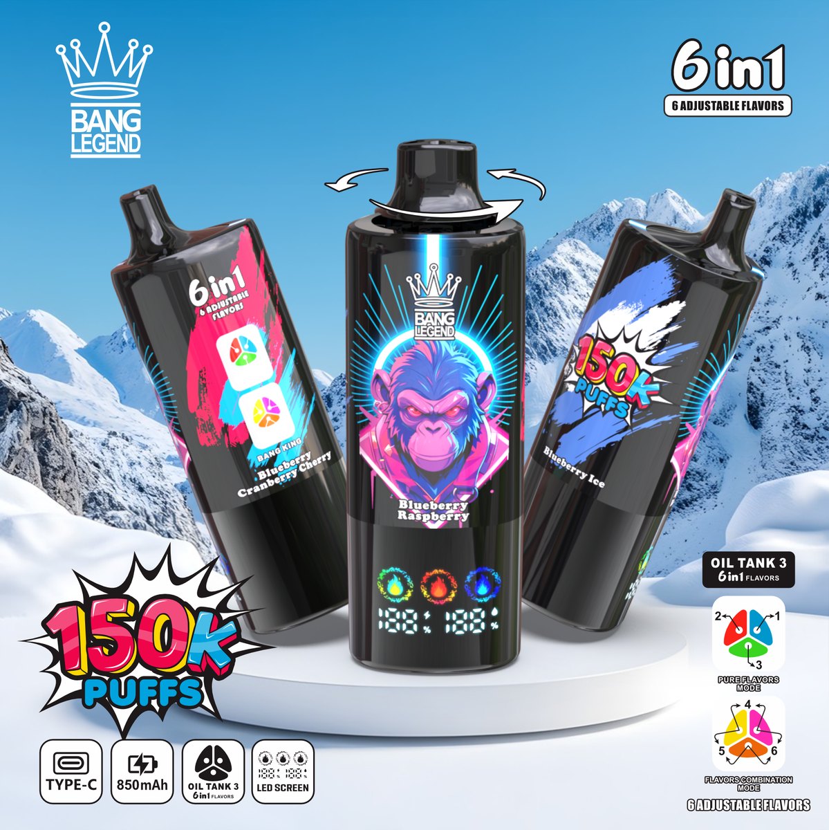 Bang Legend 150K 6-in-1 Disposable Vape flavour: Blueberry Ice / Blueberry Raspberry / Blueberry Cranberry Cherry