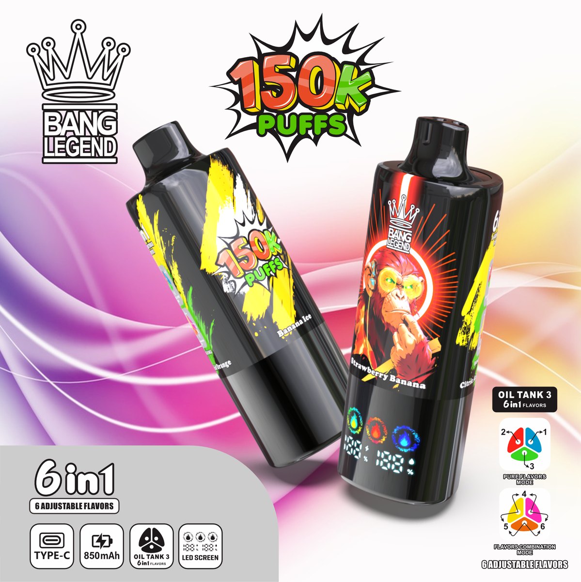 Bang Legend 150K 6-in-1 Disposable Vape flavour: Banana Ice / Strawberry Banana / Citric Acid Orange
