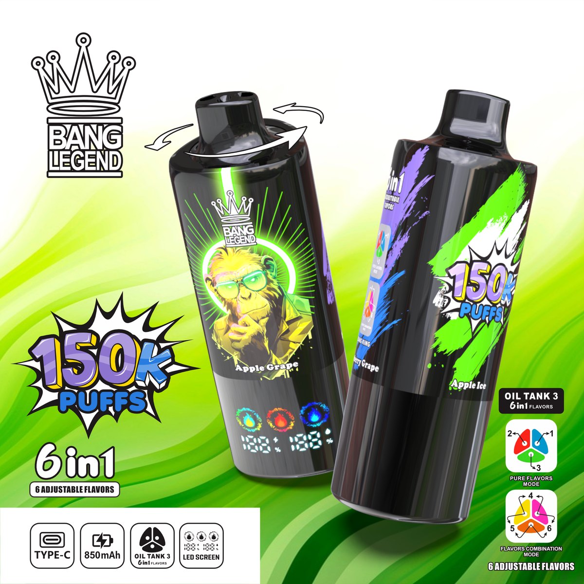 Bang Legend 150K 6-in-1 Disposable Vape flavour: Apple Ice / Apple Grape / Blueberry Grape