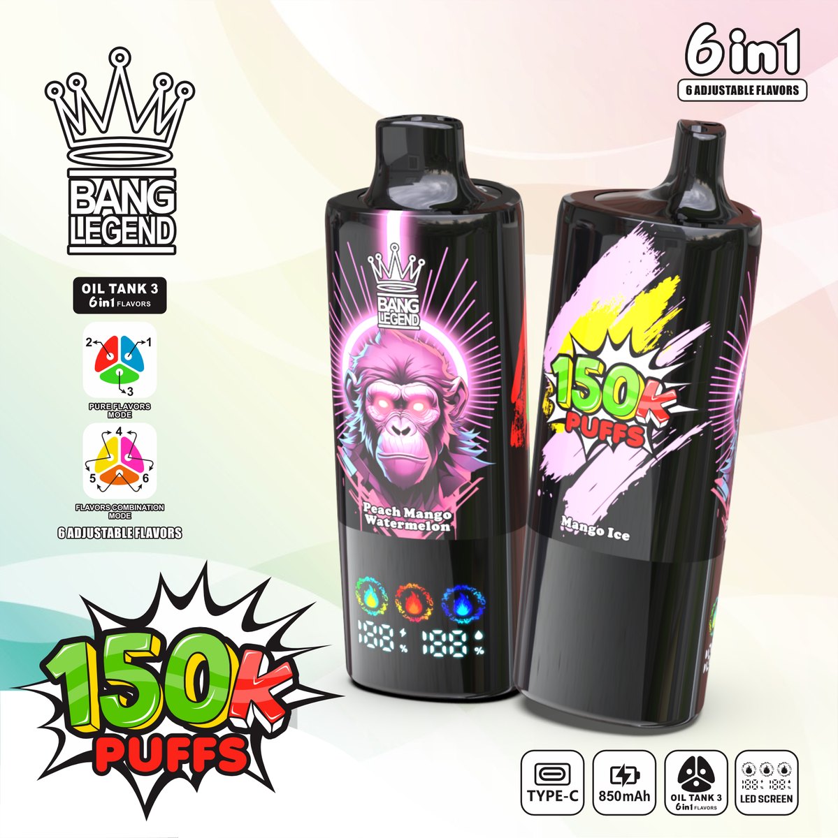 Bang Legend 150K 6-in-1 Disposable Vape flavour: Mango Ice / Peach Mango Watermelon / Gummy Bear