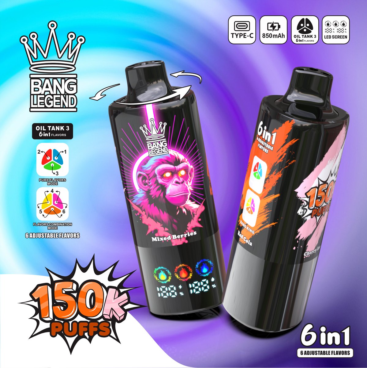 Bang Legend 150K 6-in-1 Disposable Vape flavour: Cherry Ice / Mixed Berries / Red Cola
