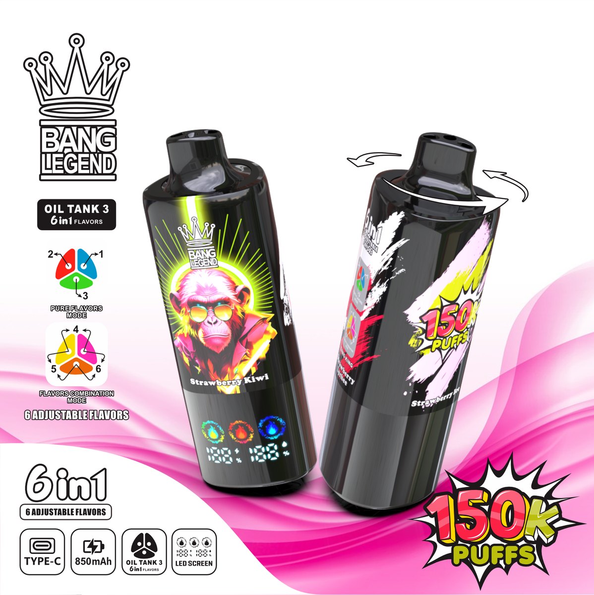 Bang Legend 150K 6-in-1 Disposable Vape flavour: Strawberry Ice / Strawberry Kiwi / Strawberry Lychee
