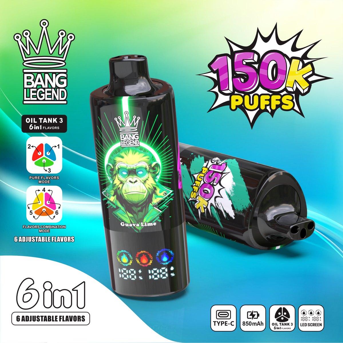 Bang Legend 150K 6-in-1 Disposable Vape flavour: Passionate Passion Fruit / Guava Lime / Passion Fruit Lemon